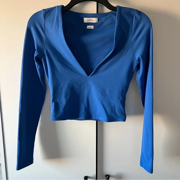 Aritzia Babaton Contour Deep V Long Sleeve Top Blue SM Sculpt Plunge Stretchy - Picture 3 of 9